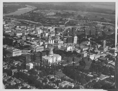 Aerial View of Sacramento, including California State Capitol Building, Capitol Park, and Southern Pacific Rail yard