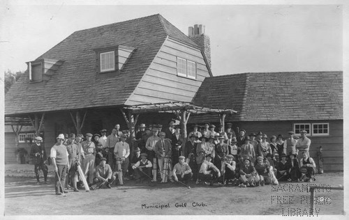 Arcade Golf Club Members in Group Portrait in front of Clubhouse