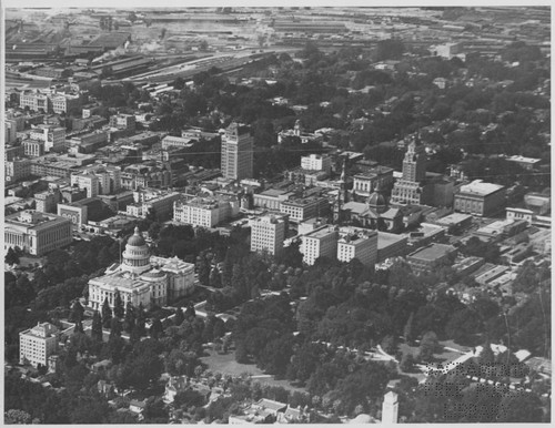 Aerial View of Sacramento, including Capitol Park, Southern Pacific Rail yard, and the Cathedral of the Blessed Sacrament