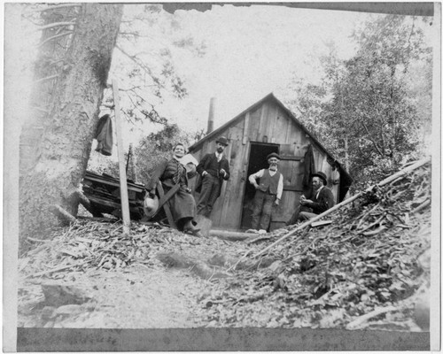 Three men, one woman by mountain cabin