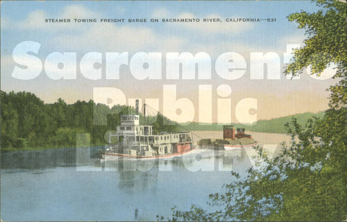 Steamer Towing Freight Barge on Sacramento River, California