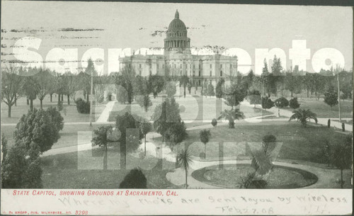 State Capitol, Showing Grounds at Sacramento, Cal. - b & w