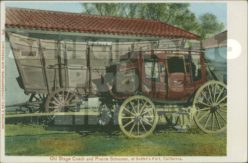 Old Stagecoach and Prairie Schooner, at Sutter's Fort, California