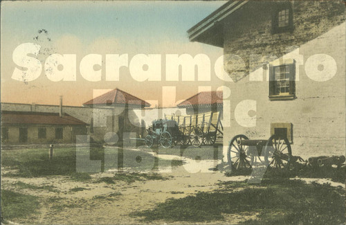 Interior of Sutter's Fort, Showing Old Cannon, Stage-Coach, etc., Sacramento, Cal