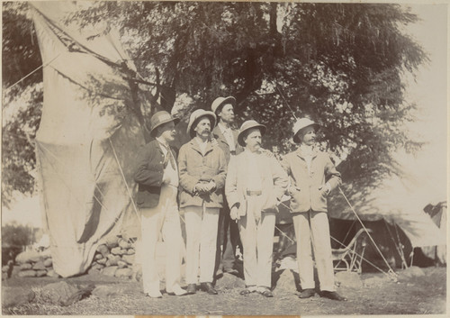 [Charles Burckhalter (center) and four other members of the solar eclipse expedition, Camp Pierson, Wangi, India]