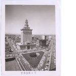 Aerial view of Oakland City Hall and City Hall Park, circa 1960