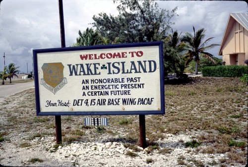 A "Welcome" sign to the US military base on Wake Island