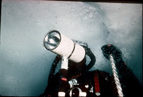 Scuba diver under ice and surrounded by ice crystals in Antarctica