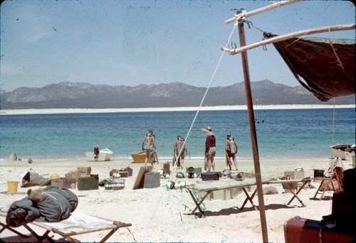 A group of scuba divers on a beach