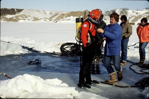 Scientific divers shown here are preparing to dive in the Antarctic