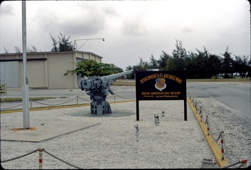 Wake Island [sign: Detachment 4.15 Air Base Wing; Where America's Day Begins; Commander: Maj. James W. Westmoreland, Jr.]