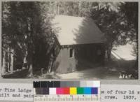 Sugar Pine Lodge at Whitaker's Forest. One of four 16 x 20 sleeping cabins built and painted by Maxon Ranch Civilian Conservation Corps crew. 1937. Metcalf