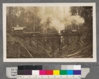 GR 51. Moving 12 x 14 Humboldt yarder out to the woods. Grays River, Washington. Also shows usual type of timber bent bridge used on logging roads