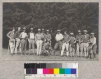 Silviculture class in Siesta Valley, Berkeley Hills, October 1921. Stanford, Ertel, Crowell, Cowlin, Edwards, Sammi, Keith, Bellue, Smith, Bacon, Miller, McGinn, Williams, Riley in front