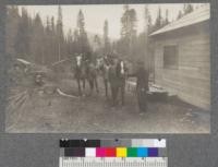 Type of log camp buildings in use at Johnson's Camp on American Creek. Bunk houses not shown are portable type rented to contractor by company