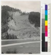 Redwood Region. Natural slide just east of redwood limit on Van Duzen River at Swayne's (Swain?) Ranch, Humboldt County. Photo shows that river has resumed normal channel after having been pushed southward by slide. See also #6456. 3-5-42. E.F