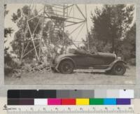 The Berkeley Fire Chief's car at Round Top Fire Tower, May 1927. Road was built and tower was erected by Contra Costa Hills Fire Protection Committee. Metcalf