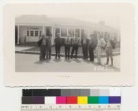 Party of foresters in front of headquarters, Institute of Forest Genetics, April 23, 1943 to greet John Preston of Soil Conservation Service. Lumsden, Plair, Stockwell, Weidman, Reveal, Hodgkins, Preston. Metcalf