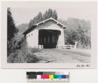 Covered Bridge, Oregon, over Mill Creek at Alsea Guard Station, Siuslaw National Forest, Highway 34. Alders left the Lombardy poplars rear. Metcalf. Oct. 1952