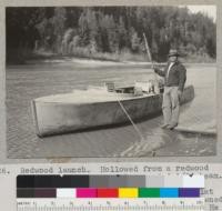 Redwood launch. Hollowed from a redwood log. Launch is 28' long and 6-1/2' beam. Stern board is inserted. Sides are about 2-1/2" thick at water line. Flat bottom. Pierce Arrow auto engine. Owned by Warren Blake, Klamath, California. He and another Indian finished boat in 1-1/2 months. Used axes, adze, and planes. Log was a "flat" one on one side, and wood desired is of the interlocked type. 2-21-37. E.F