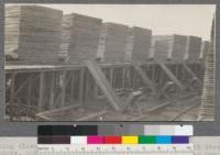 Showing elevated tramways, method of piling lumber with itself for stickers, and method of storing 2x4 stickers for winter use. Weed Lumber Company, Weed, California. June, 1920 E. F