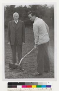 Prof. Mulford and Bill Finster. Groundbreaking ceremonies for Mulford Hall, 1947? Bill Finster was President of the Forestry Club at this time