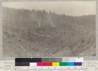 Hammond Lumber Company, Little River, Humboldt County, California, near camp 26 (?). Showing Yarder and Loader on high slope. Taken thru rain from railroad track approaching the donkeys. Raising the railroad to the timber on this tract is in striking contrast to use yarder-roader system on opposite side of river a few years before. E. Fritz, June 1923. 4.2344