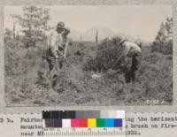 Fairbank, Curry, and a helper using the horizontally mounted electrical saw to remove brush on fire line near Mt. Shasta City. August 1932. Metcalf