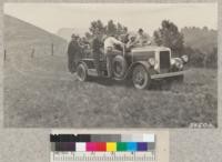 The 90 H.P. Fageol Fire truck with full tank of 400 gallons of water and 13 men climbed to top of Bald Peak in Berkeley Hills without difficulty. It has a 12 speed transmission. W. Metcalf - July 1931