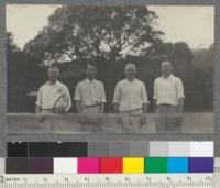 Left to right: Pratt, Bruce, Metcalf and Mason on the Faculty Club Tennis Court. December, 1916