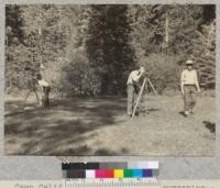 Camp Califorest. First day of surveying--adjustment of instruments. Conway, Arnold, Felthouse. 6/10/36. E.F