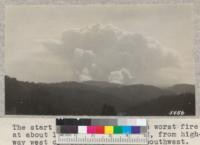 The start of Mendocino County's worst fire at about 1:30 P.M. September 22, from highway west of Willitts, looking southwest. W. Metcalf - Sept. 1931