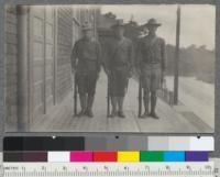 Left to right: Pratt, Metcalf and Mason, as members of Captain Barrows' company, Reserve Officers' Training Corps, Berkeley, March, 1917