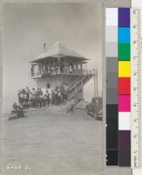 Group of 4-H club members from the Madera-Kern camp, Whitaker's Forest, visit the lookout Station at Park Ridge. At this time the forecast for California red firs in the vicinity of the Lookout shows evidence of a very heavy crop of cones this year. July 1940. Metcalf