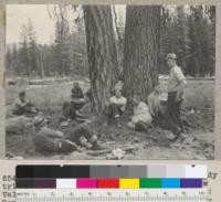 Camp Califorest class on logging study trip in Sec. 13, T 24 N, R 8 E, near Meadow Valley, California. Elevation 4000'. Left to Right: Ronald Adams, Langford (back), Van de Wetering, Mitchell (plaid shirt), Ellis, Kleiman, Deitz, Madsen, Merrill. June 7, 1939. E. F