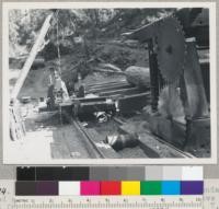 Redwood Region. A unique sawmill. Standard head saw plus vertical arbor carrying edger saws set for cutting 2x4's. See also 7329. Aug. 7, 1945. E. F