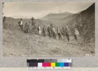 Group at Flintham Memorial Forest in San Dimas Canyon, Los Angeles County, February, 1926. Includes Gilman, Bissell, Fultz, Tanner, Stanford, Turner and Pratt. Trees are seven years old