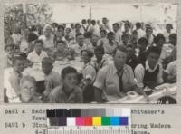 Dinner at Whitaker's Forest during Madera 4-H Club camp. 105 in attendance. 1932. Metcalf