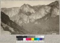 A view across the Yosemite Valley from a point about halfway up to the checking station on the Big Oak Flat Road. Bridal Veil Falls is in the background. A part of the open meadow shows in the right foreground, and occasional dead trees may be seen in the timber stands on the valley floor. These have succumbed to insects. Most of the trees in the left foreground on the talus slope are Canyon Live Oaks. Metcalf, 1925