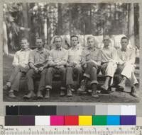 Camp Califorest. The staff. (The boys who thought up something to do every day.) L. to R: Bob Keniston, Rudy Janecek, Bob Seale, Phil Joranson, Leif Espenas, Prof. Fritz, Prof. Barr. 7-31-39. E.F