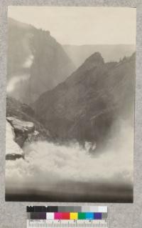 Nevada Falls, Yosemite National Park. Looking from bridge over the brink of the falls and down the valley. E.F. June, 1925