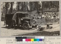 Fire protection demonstration under the pines at Quincy, Plumas County High School. W. Metcalf. May 1931