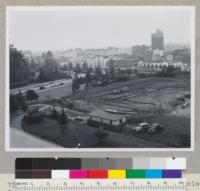 New University of California Forestry Building at Berkeley, California, three days after breaking ground. View from roof of Hilgard Hall. Eucalyptus Grove to left (just showing); American Trust Company Building to right. See also #7387-8. 3-21-47, E.F