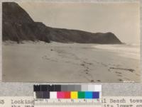 Looking south along Point Sal Beach towards the rocky point of rocks at its lower end. The beach has a long, gentle slope into the ocean and the breakers come in smoothly and with little side current. A bit of the old road to the boat landing is seen at the left. The new road is a very good highway. Metcalf. November, 1928