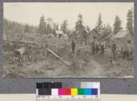 Camp #8 Hobart Estate, showing carefully cleared fire line 200 feet wide around camp site to prevent spread of fire to the woods. The three central figures L to R are State Forester Pratt, Tom Oliver, and Wilson. The latter who is in charge of fire protection on the Company's lands is an ex-forest ranger. July, 1922