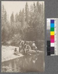 The Crew in the Deans Valley meadow, upper Rock Creek. Califorest Camp 1920