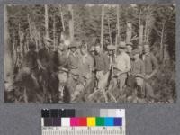 Silviculture trip to Inverness, September 1921. Left to Right: Keith, McGinn, Crowell, Semmi, Leidig, Riley, (Drew Invernese) Williams, Miller, Cowling, Bacon, Ertel, Bellue, Metcalf & Smith in front. September 1921