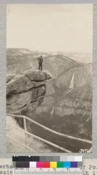 The overhanging rock at Glacier Point has a terrifying fascination. Camp Curry with its rows of white tents seems to be directly below and it seems almost as if one could drop into the green waters of the camp swimming pool 3200 feet below. Metcalf, 1925