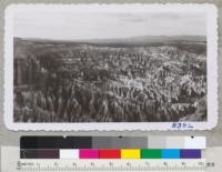 Erosion of banded sandstone through the ages has developed these striking effects in Bryce Canyon, Utah. 1946. Metcalf