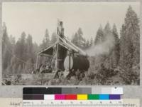 Adam's Spark Arrester on Willamette 2-speed yarder. Camp #10, Clover Valley Lumber Company operations, Plumas National Forest. Picture shows smoke issuing from spark conductor tubes. 1925